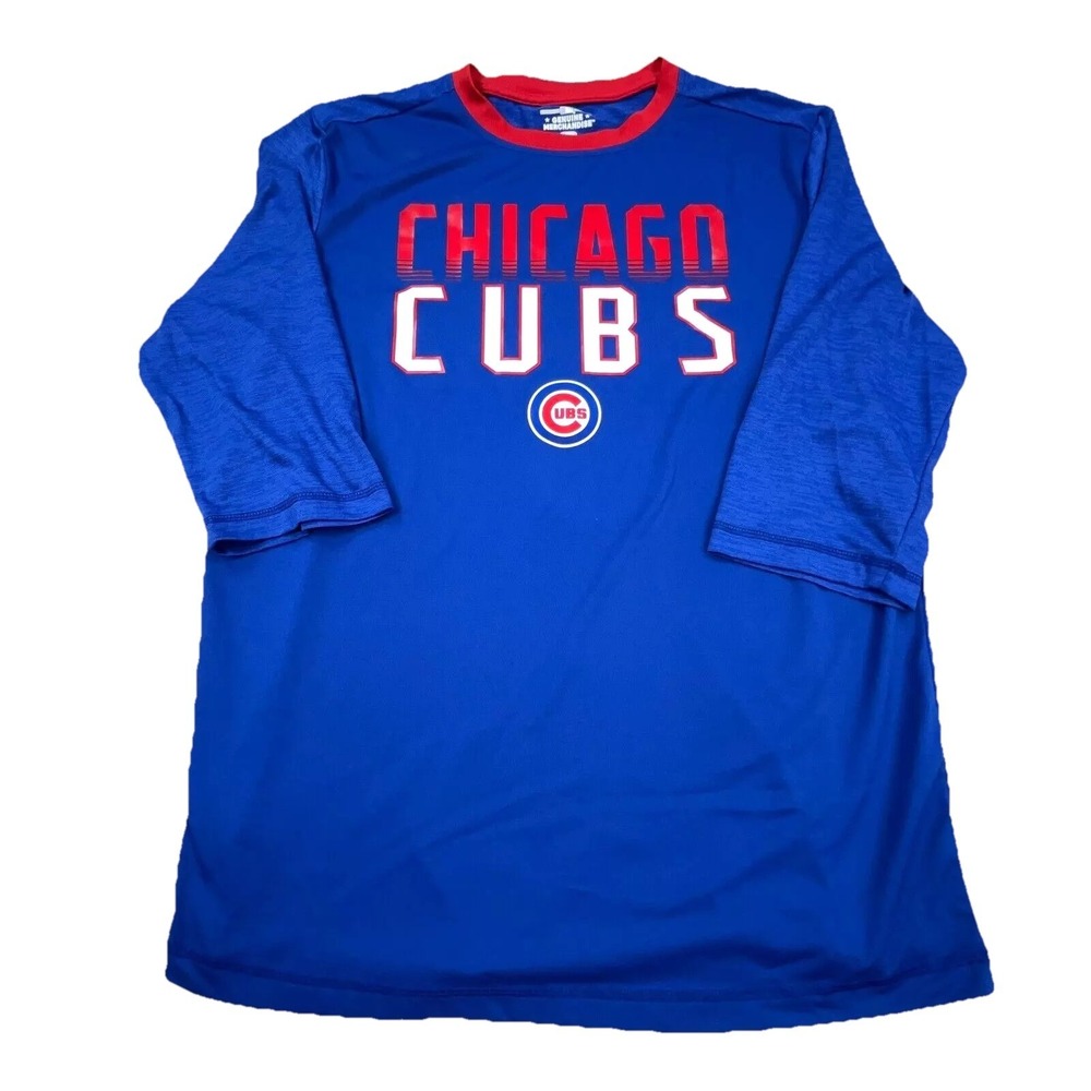 Chicago Cubs Shirt Men Large Blue Red Tee 3/4 Half Sleeve Retro MLB Ringer Poly